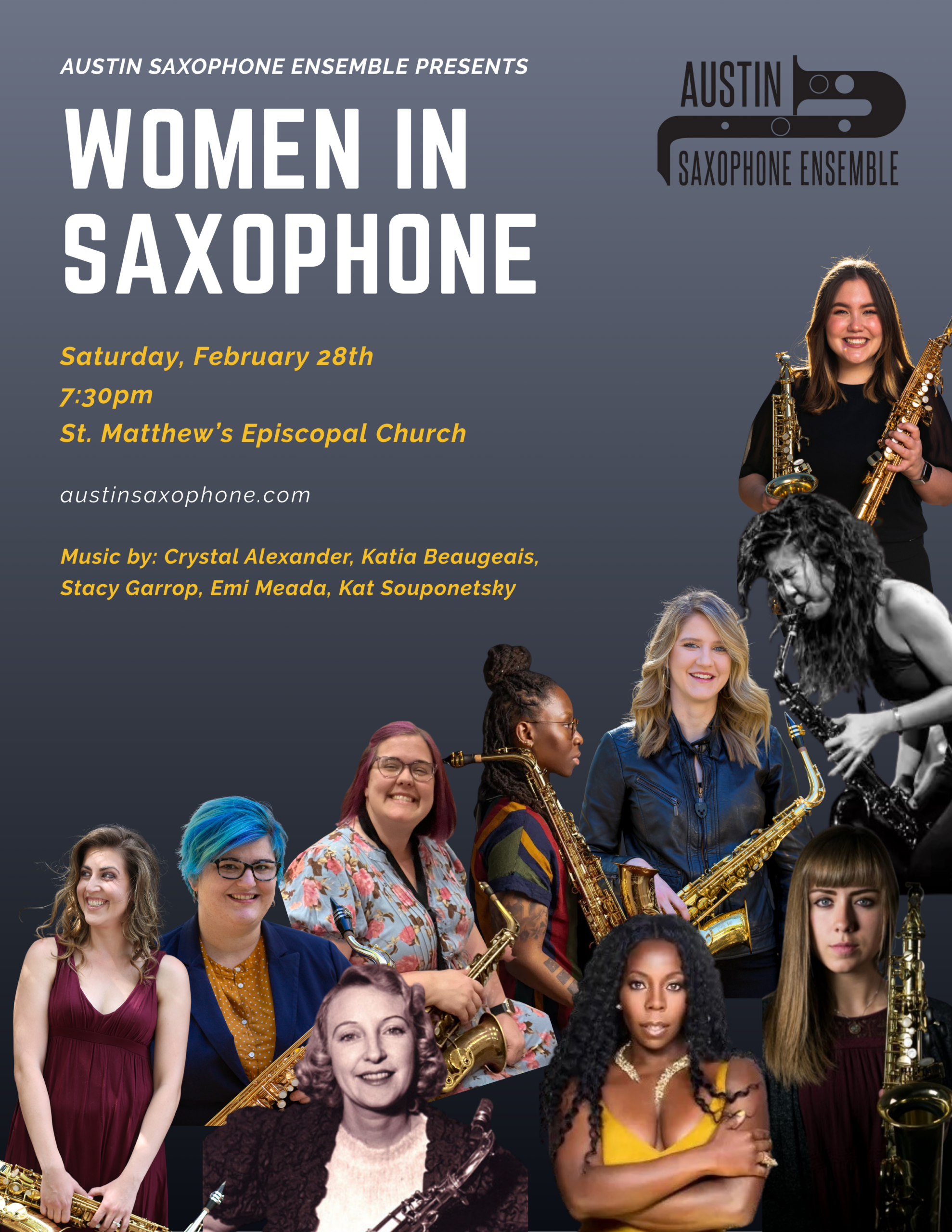 Poster for Women in Saxophone Concert depicting female saxophone players